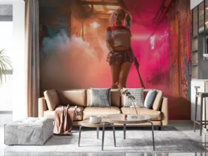 Harley Quinn walking through a neon-lit alley with graffiti||