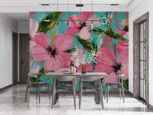 Vibrant floral design featuring hibiscus flowers against a turquoise background