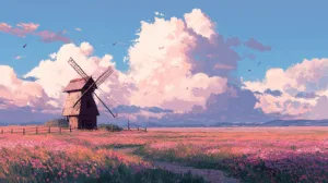 Alternative view of Idyllic Windmill and Flower Field Wall Mural