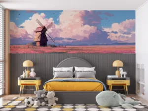 Traditional windmill with a field of colorful flowers under a vibrant sky||