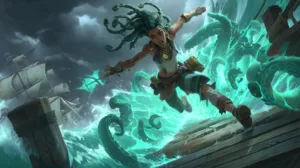 wielding her spear with intensity.