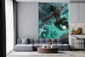 Illaoi from League of Legends charging through turbulent ocean waves
