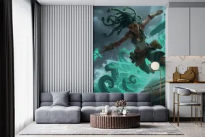 Illaoi from League of Legends charging through turbulent ocean waves|wielding her spear with intensity.|