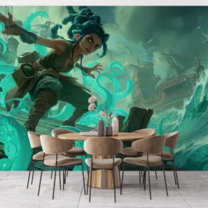Illaoi from League of Legends in a dynamic action pose with tentacles and a stormy sea backdrop.