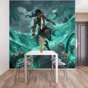 Illaoi from League of Legends unleashing her power amidst a chaotic ocean scene.||