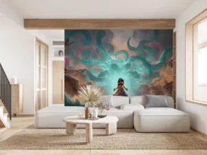 Illaoi from League of Legends summoning powerful tentacles in a stormy coastal scene.