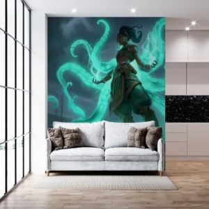 Illaoi from League of Legends summoning tentacles in a dark harbor setting.||