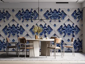 Geometric floral pattern in blue on a light background.||