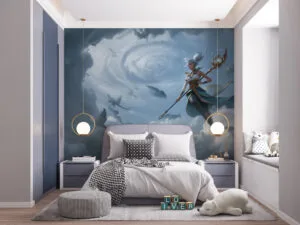 Janna from League of Legends floating gracefully in a dreamy cloudscape.