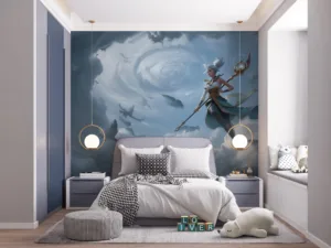 Janna from League of Legends floating gracefully in a dreamy cloudscape.||