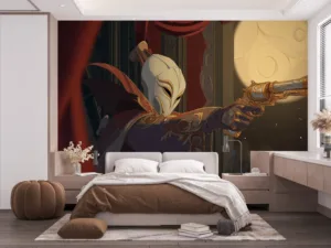 Jhin aiming an ornate pistol in a dramatic scene with a large moon.||
