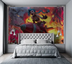Jinx from League of Legends riding a missile in a vibrant urban explosion scene.||