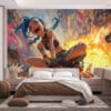 Jinx from League of Legends riding a rocket in a vibrant urban landscape