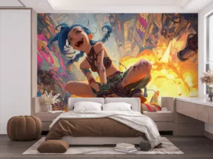 Jinx from League of Legends riding a rocket in a vibrant urban landscape||