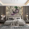 A joker figure in a purple suit holding a broken mirror|surrounded by a chaotic urban landscape.|