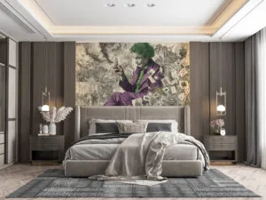 A joker figure in a purple suit holding a broken mirror