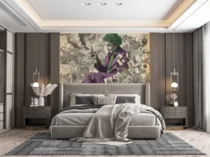 A joker figure in a purple suit holding a broken mirror|surrounded by a chaotic urban landscape.|