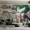 Vibrant Joker character with green hair and colorful outfit against a black-and-white comic background.||