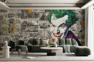 Vibrant Joker character with green hair and colorful outfit against a black-and-white comic background.