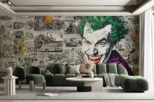 Vibrant Joker character with green hair and colorful outfit against a black-and-white comic background.||