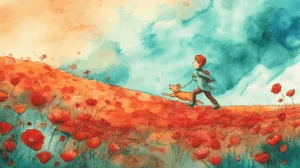 Alternative view of Joyful Boy and Dog in a Flower Field Wall Mural