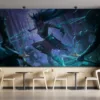 Kalista from League of Legends lunging forward in a dark forest|showcasing her fierce warrior spirit.|