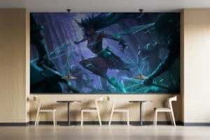 Kalista from League of Legends lunging forward in a dark forest