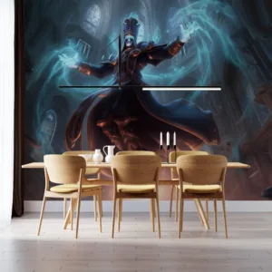 Karthus from League of Legends levitating in a dramatic pose in an ancient cathedral.||