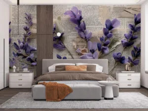 Lavender flowers on vintage newspaper background for mural design||