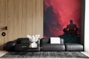 Lee Sin meditating on a rocky ledge with glowing orbs|set against a misty mountain background.|