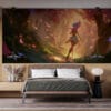 Lillia running through a vibrant enchanted forest filled with golden light and colorful foliage.