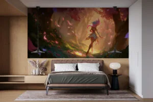Lillia running through a vibrant enchanted forest filled with golden light and colorful foliage.
