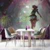Lillia running through an enchanting forest with pink petals||
