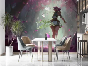 Lillia running through an enchanting forest with pink petals||