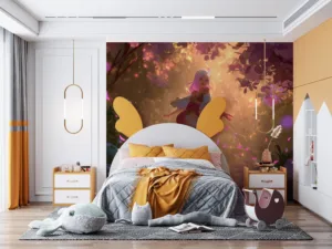 Lillia running through an enchanted forest with vibrant colors and magical atmosphere.||