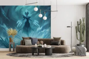 Lissandra from League of Legends surrounded by ice formations in a mystical landscape.