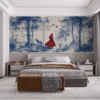 Illustration of Little Red Riding Hood walking through a forest with a blue wolf.||