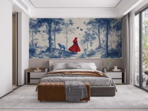 Illustration of Little Red Riding Hood walking through a forest with a blue wolf.||