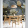 Artistic representation of lotus flowers with gold accents on an abstract background||