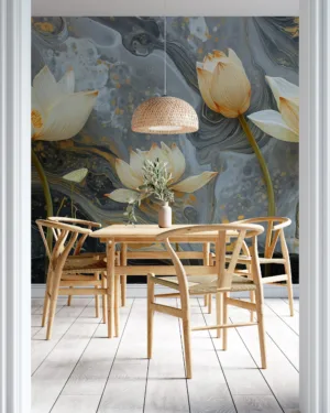 Artistic representation of lotus flowers with gold accents on an abstract background||