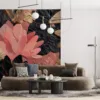 Artistic floral mural with coral pink|black|and gold elements.