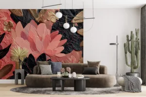 Artistic floral mural with coral pink|black|and gold elements.