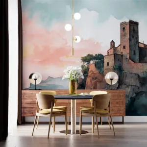 Castle on a cliff with a scenic sky||