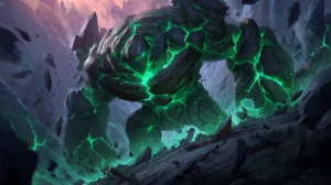 showcasing dark rocks and glowing green fissures.