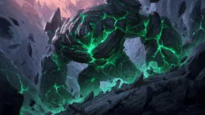 showcasing dark rocks and glowing green fissures.