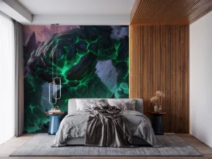 Malphite rising from a rocky terrain in an otherworldly landscape|showcasing dark rocks and glowing green fissures.|