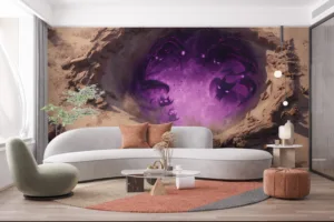 Malzahar standing before a mystical void in a desert landscape|swirling shadows and vibrant purple light.|