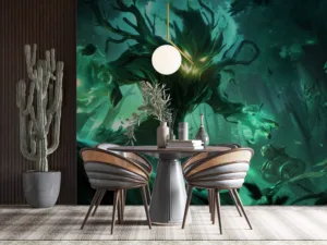 Maokai from League of Legends in a mystical forest|glowing with magical energy.|