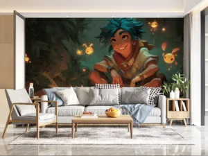 Milio with bright blue hair sitting by a campfire in a green forest surrounded by whimsical creatures.||
