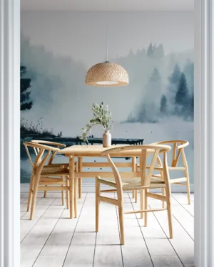 Serene forest lake with mist and soft lighting||